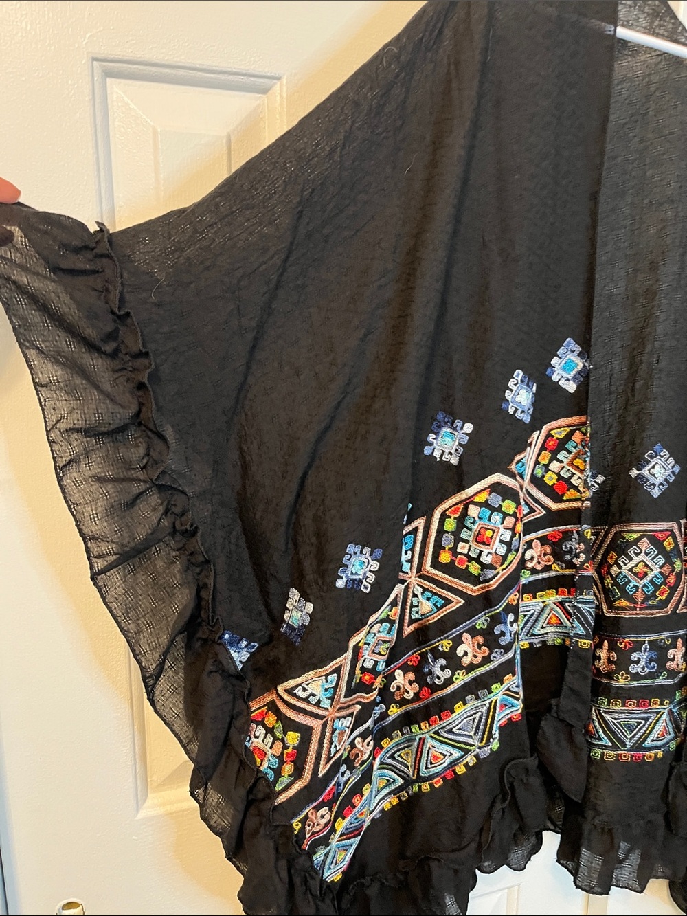 Colorful Black Kimono Open Front Cardigan Duster Geometric Design Tribal Size OS - Picture 3 of 8